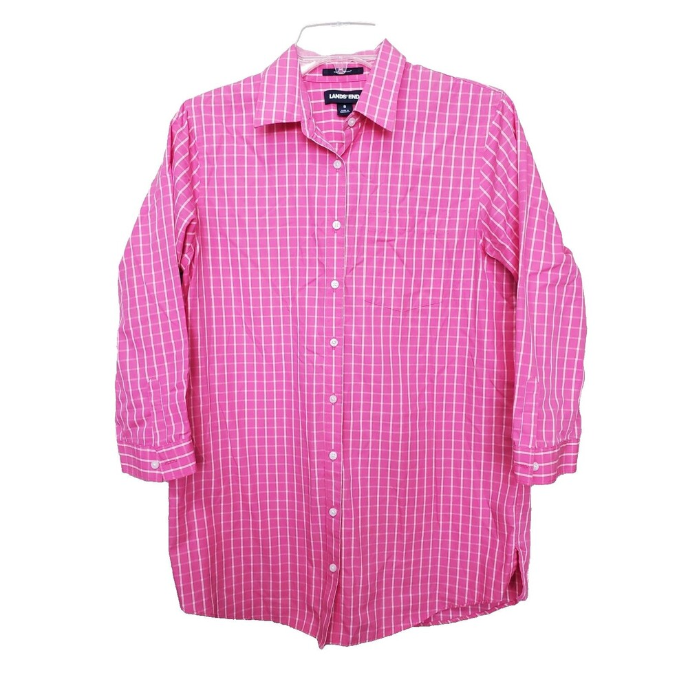 Lands' End No Iron Supima Cotton Pink Windowpane Plaid Button-Up Shirt Size 8